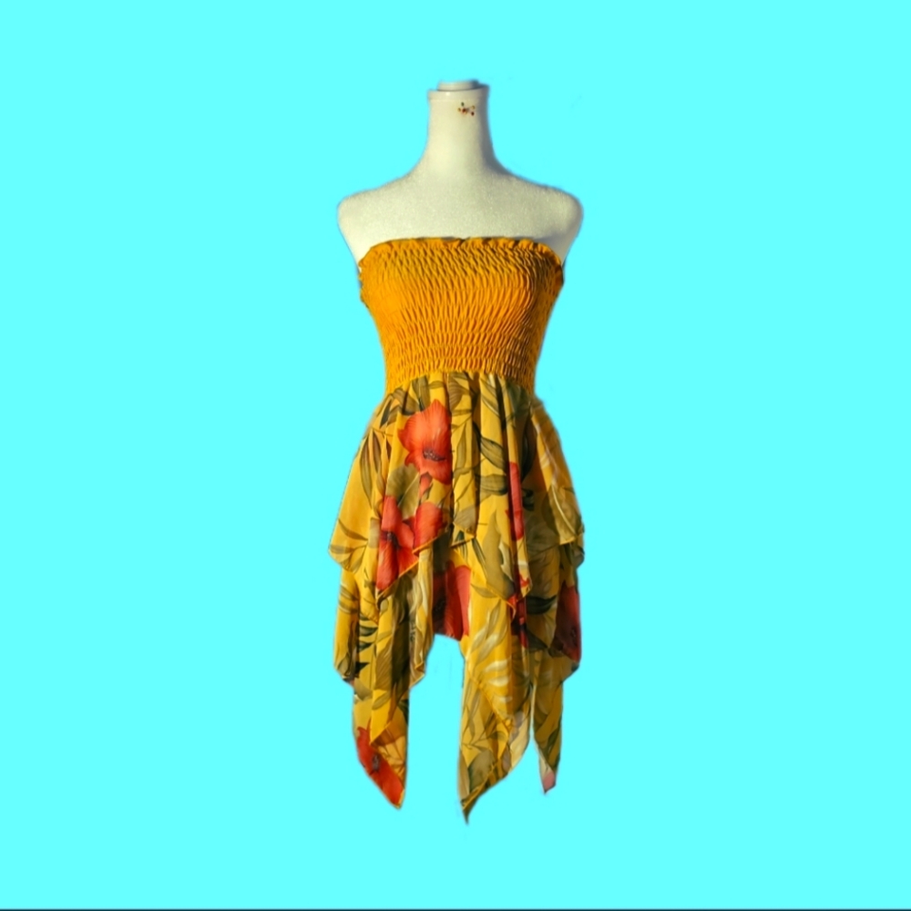 Floral Strapless Mustard Yellow Dress